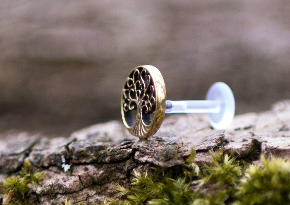A close-up of Kaya Movement's TREE OF LIFE Labret Stud in Silver, a 16-gauge piece featuring a 925 Sterling Silver design, laying on weathered wood adorned with green moss. The background is blurred, highlighting the intricate details of the jewelry and the natural texture surrounding it.